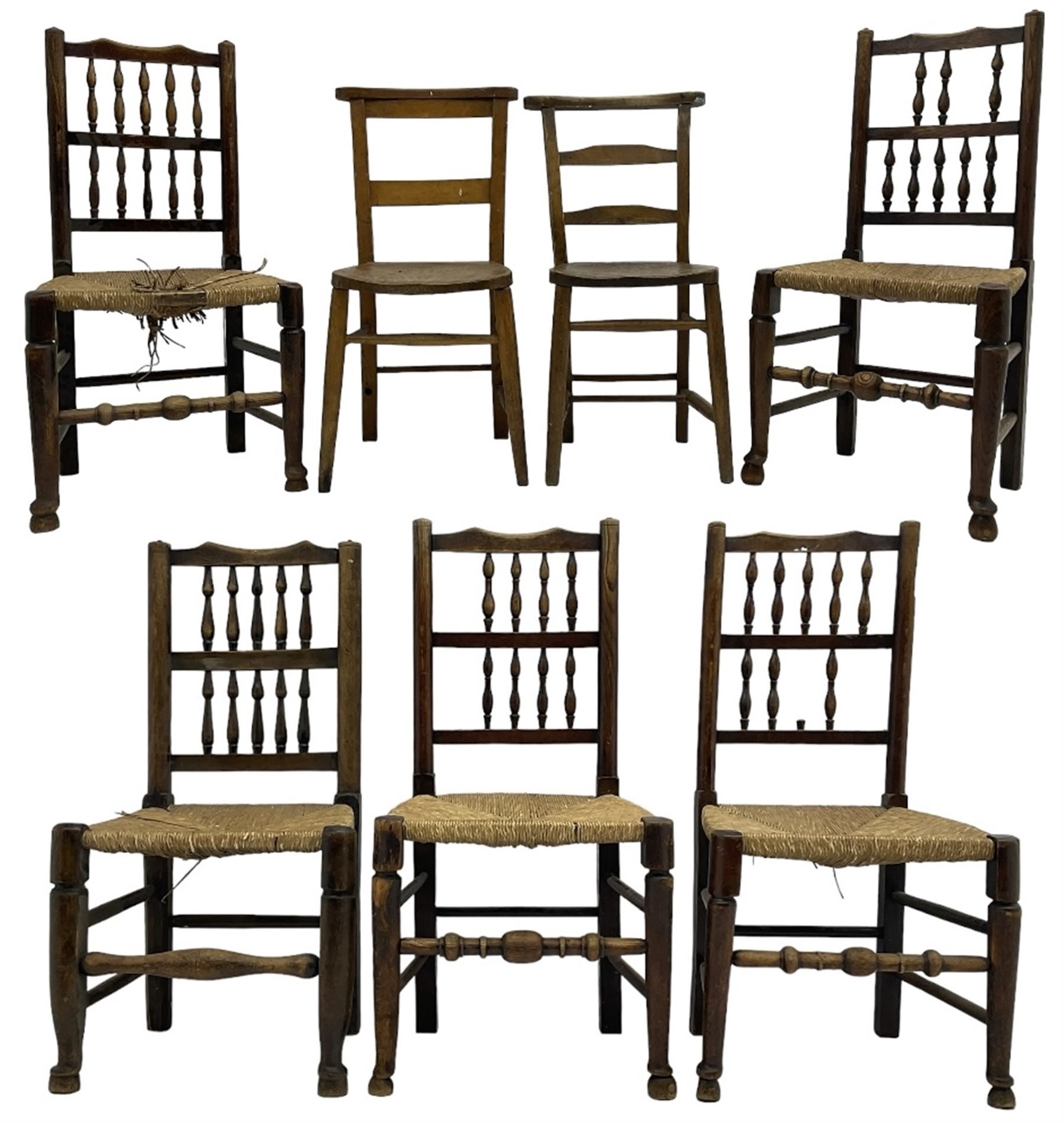 Collection of chairs - five 19th century elm spindle back chairs with rush seats; two chapel chairs (7)