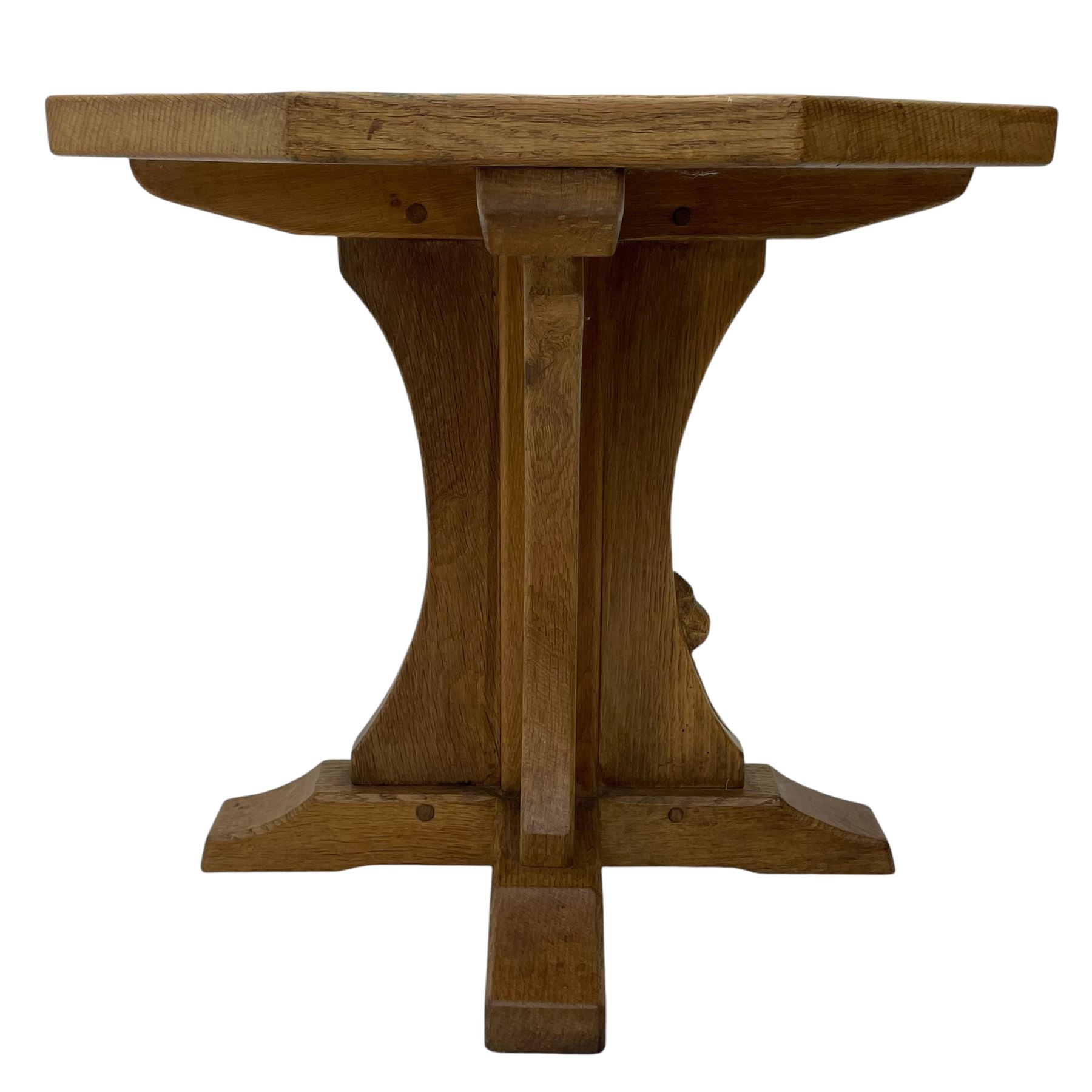 Mouseman - oak occasional table, octagonal adzed top, cruciform pedestal on sledge feet, carved with mouse signature, by the workshop of Robert Thompson, Kilburn 