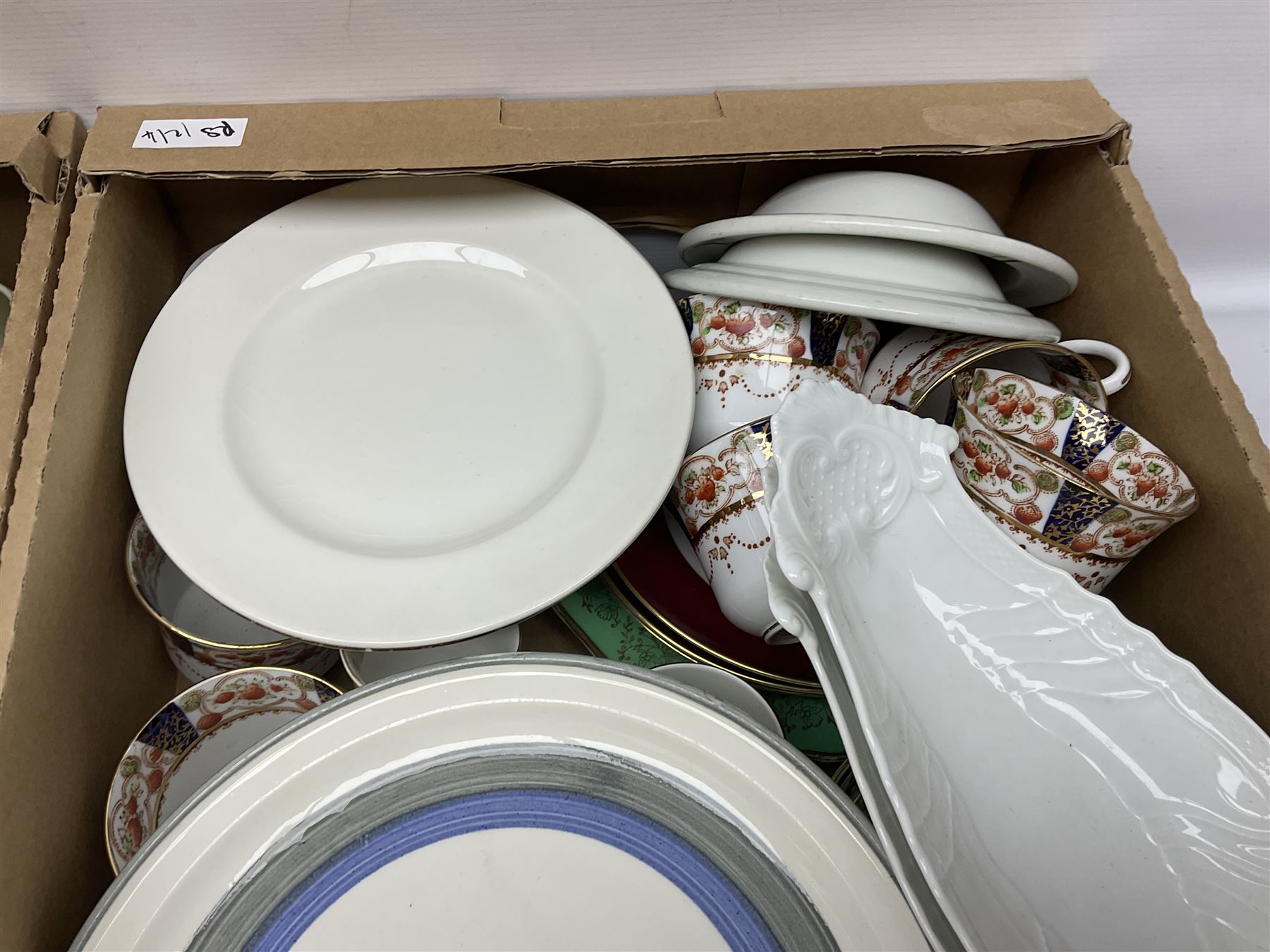 Four large meat platters, Royal Worcester Bunnykins mug and a large collection of other ceramics, including vases, dinner plates, teawares, etc, in five boxes 