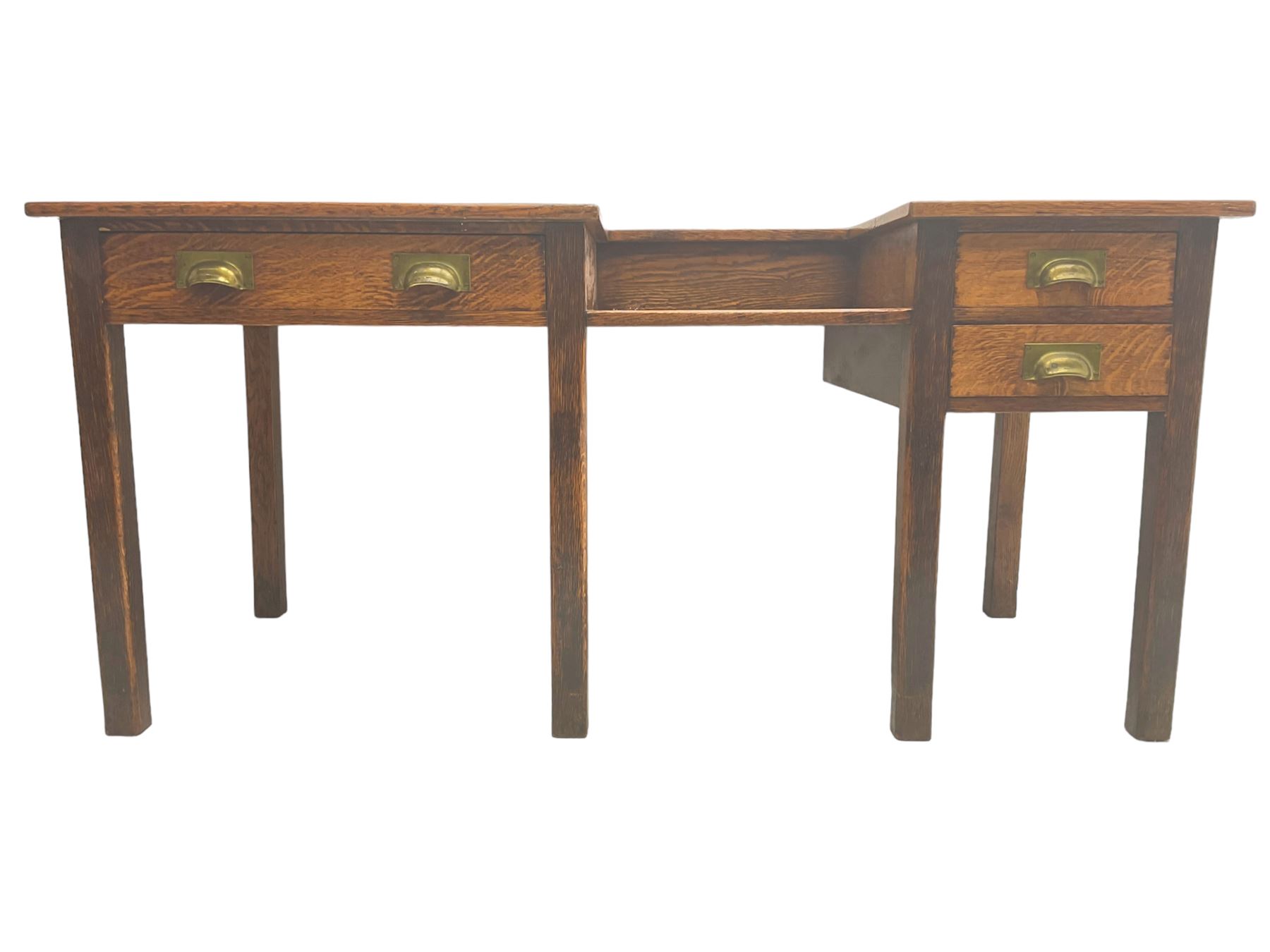 Early 20th century oak clerks desk, fitted with drop centre and drawers, on square supports