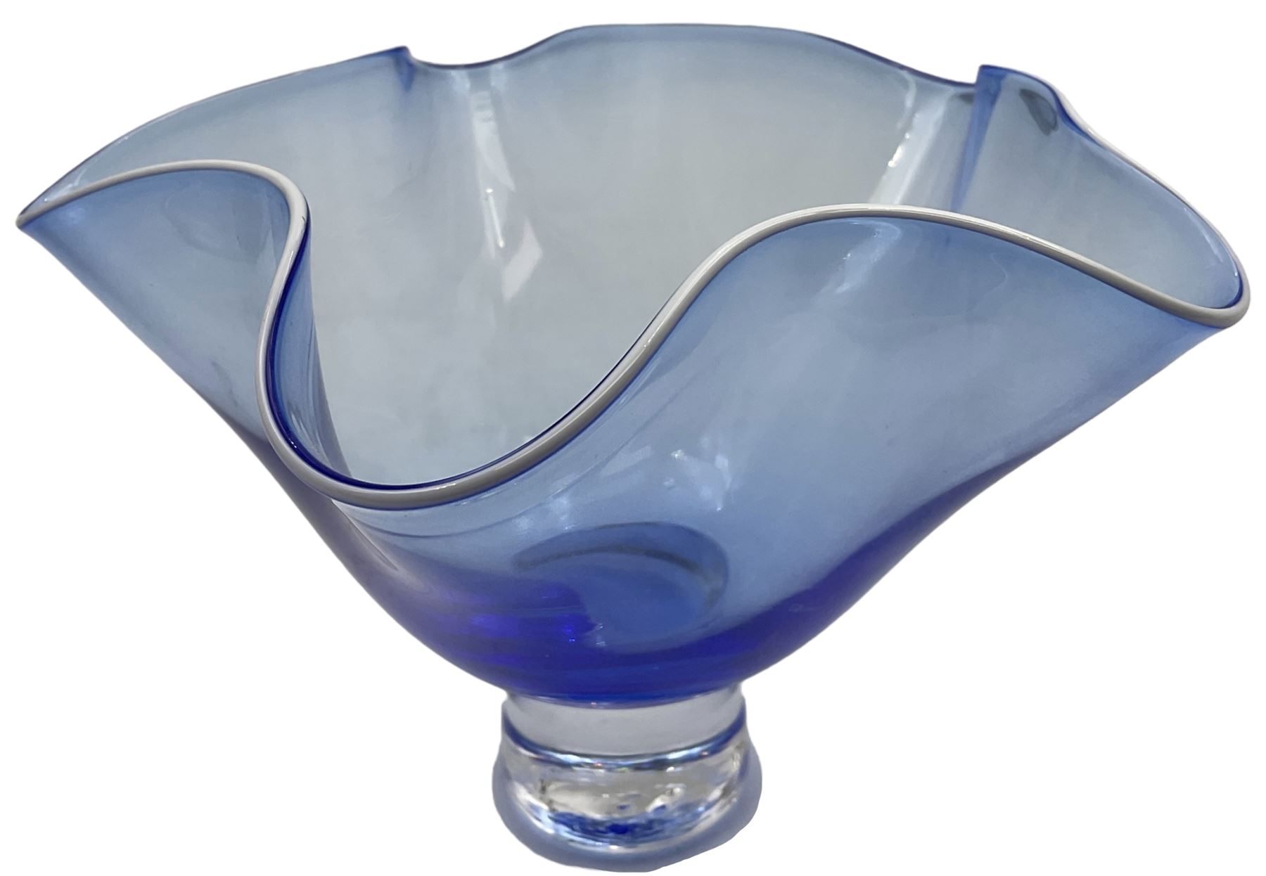 Gillies Jones of Rosedale blue glass vase with crimped rim on a short pedestal foot, signature to base, H11cm