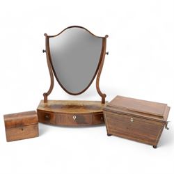 19th century inlaid wooden toilet mirror, of shield form, about three drawers centre drawe...