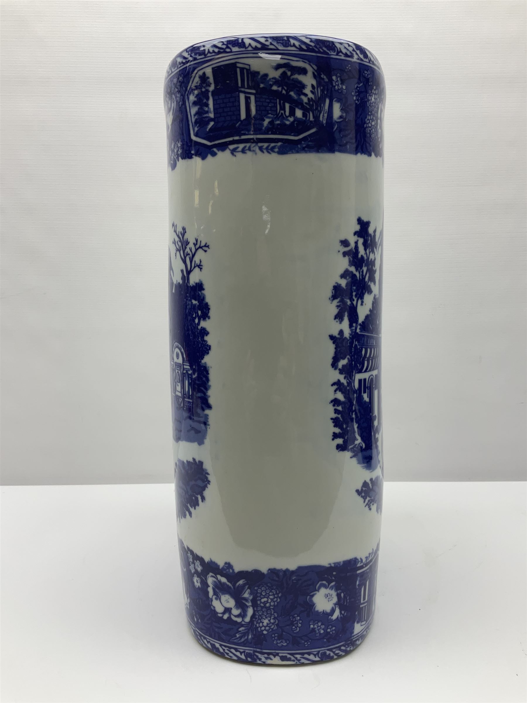 Blue and white umbrella stand, decorated with transfer print decorated with city scape, H44cm