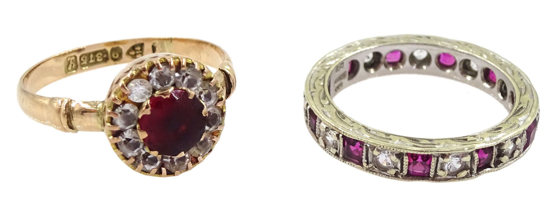 Early 20th century 9ct rose gold red and clear paste stone ring, Chester 1911 and a later 9ct white gold paste stone set full eternity ring, Birmingham 1960