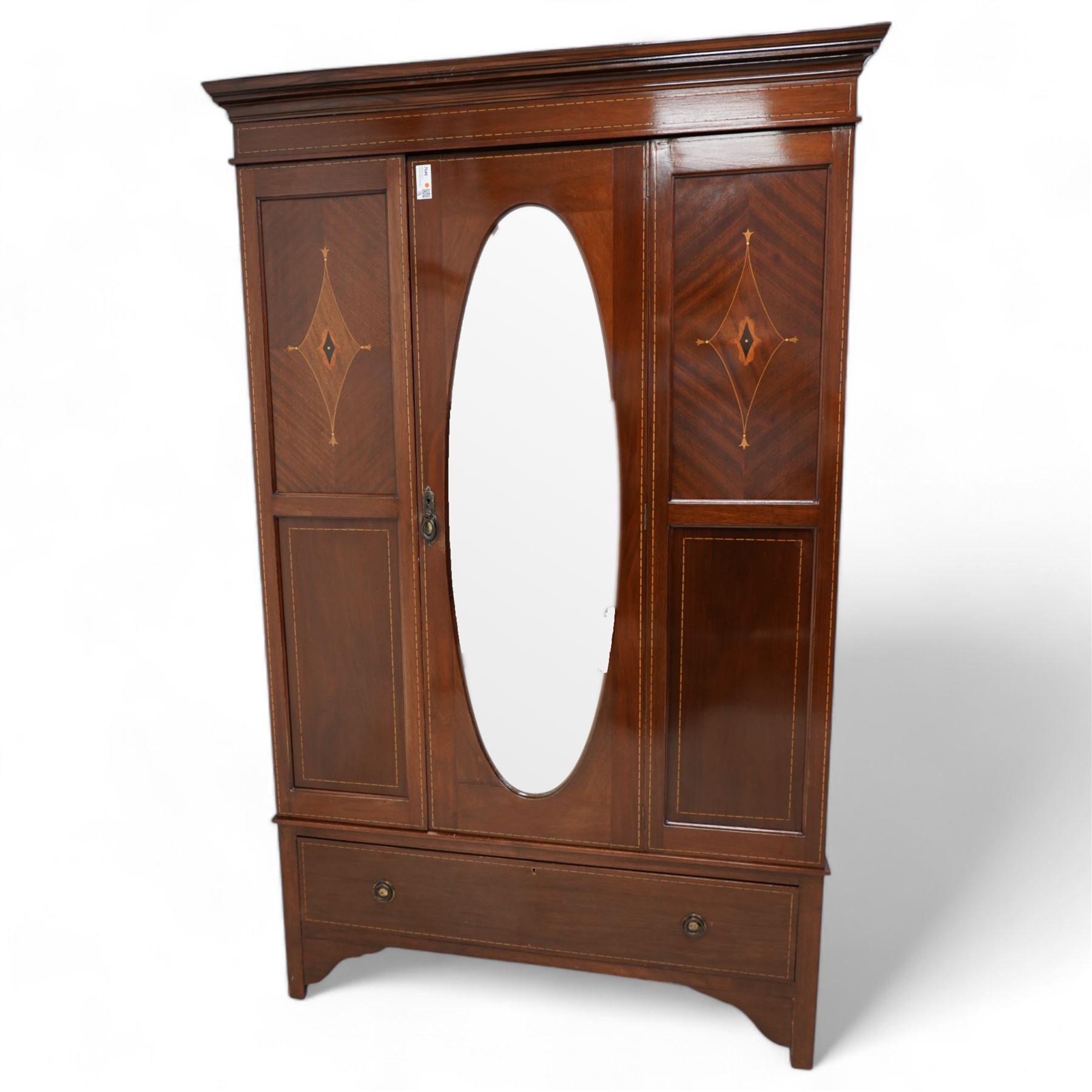 Edwardian inlaid mahogany wardrobe, fitted with single mirror door and drawer to base