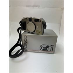 Contax G-1 rangefinder camera body, serial no. 077101, boxed with strap