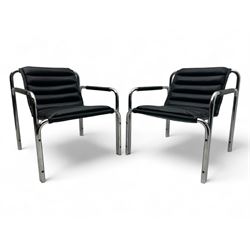 Baroumand Designs - pair of mid 20th century modernist armchairs, slung black leather seat with horizontal channel tufting, tubular chrome frame with curved arms, raised on tubular supports