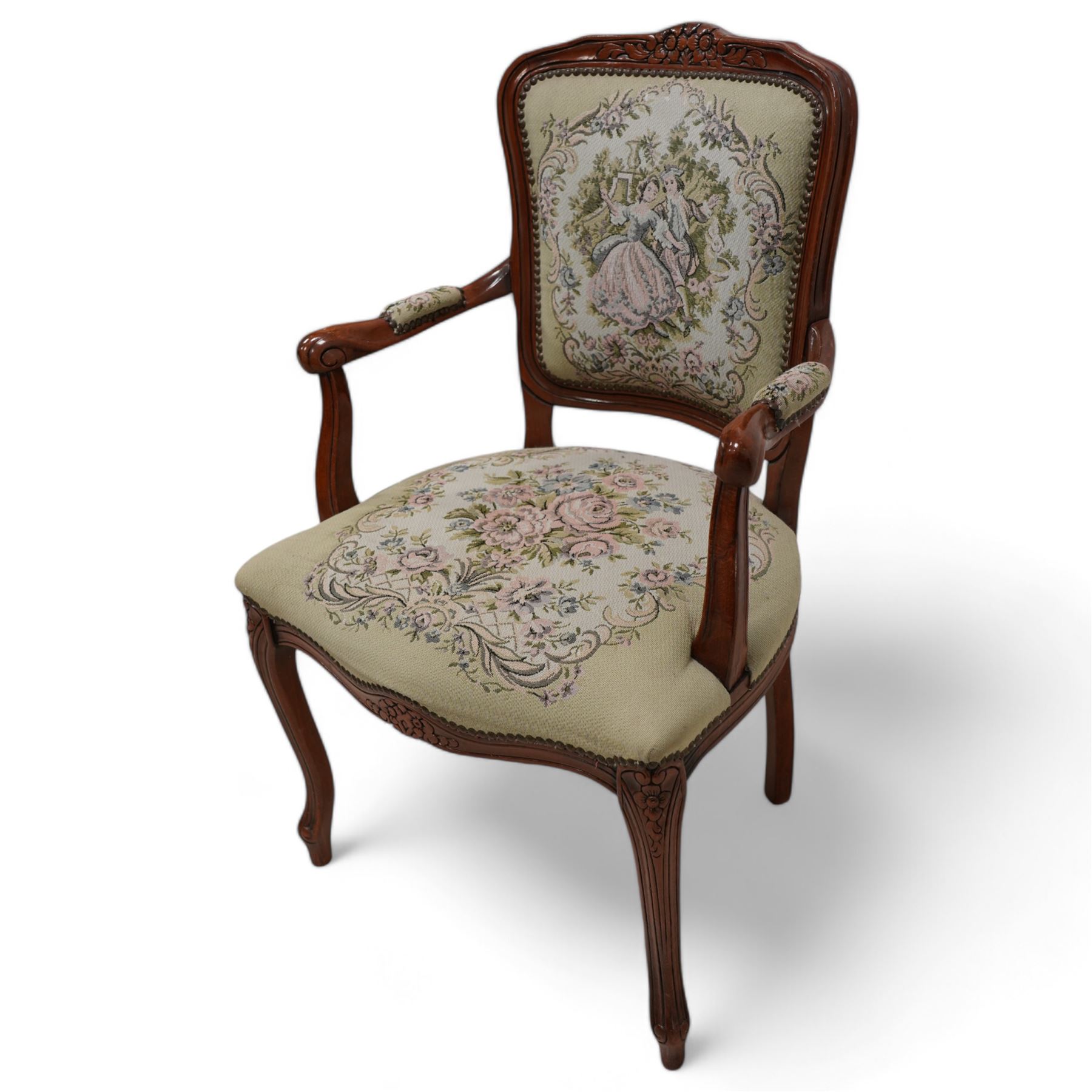 French design open armchair, upholstered in tapestry fabric depicting a romantic scene