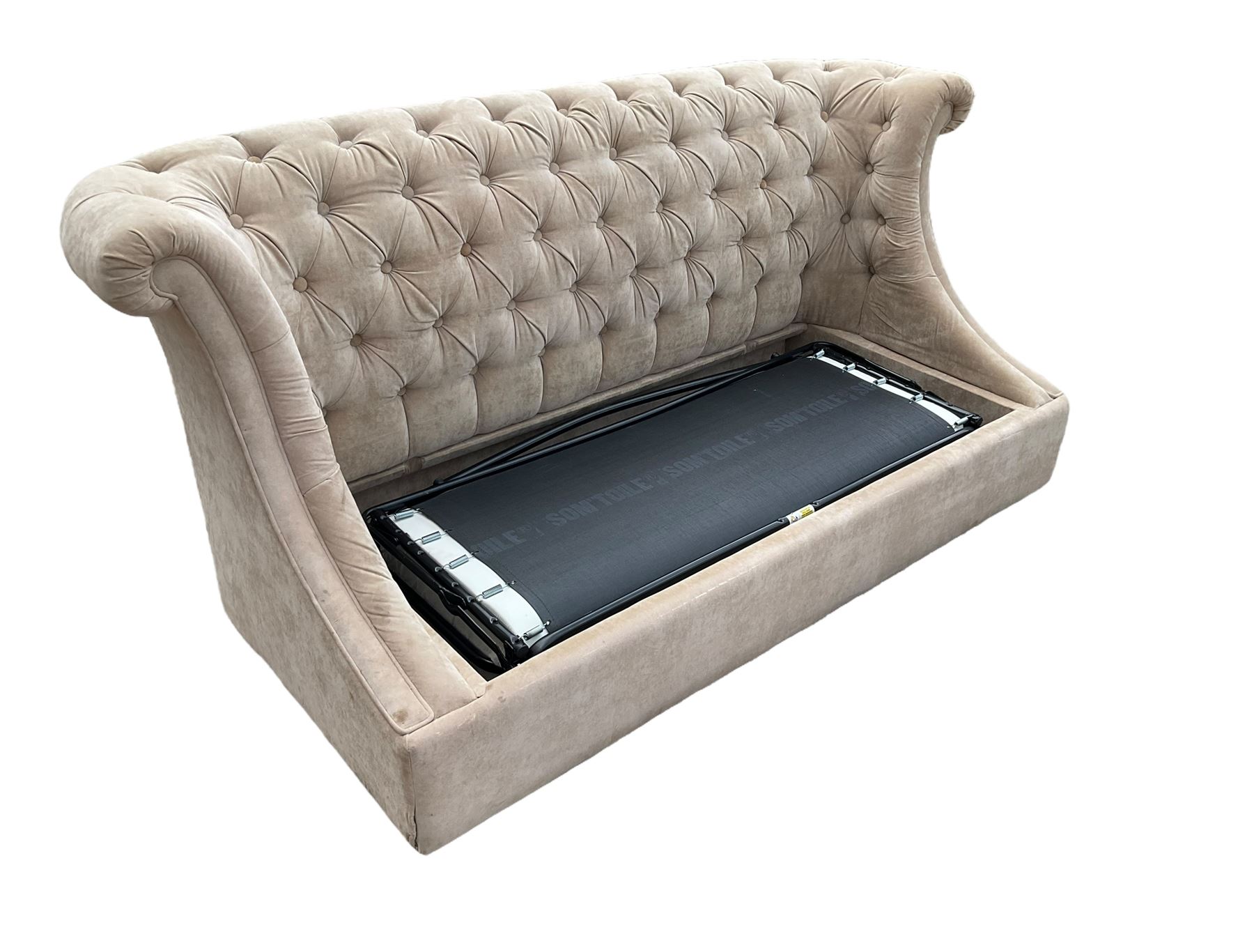 Grande wing back sofa bed, upholstered in beige buttoned fabric, metal action pull out double bed