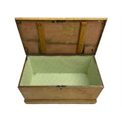 Victorian pine blanket box, fitted with hinged lid and wrought metal carrying handles, on skirted base