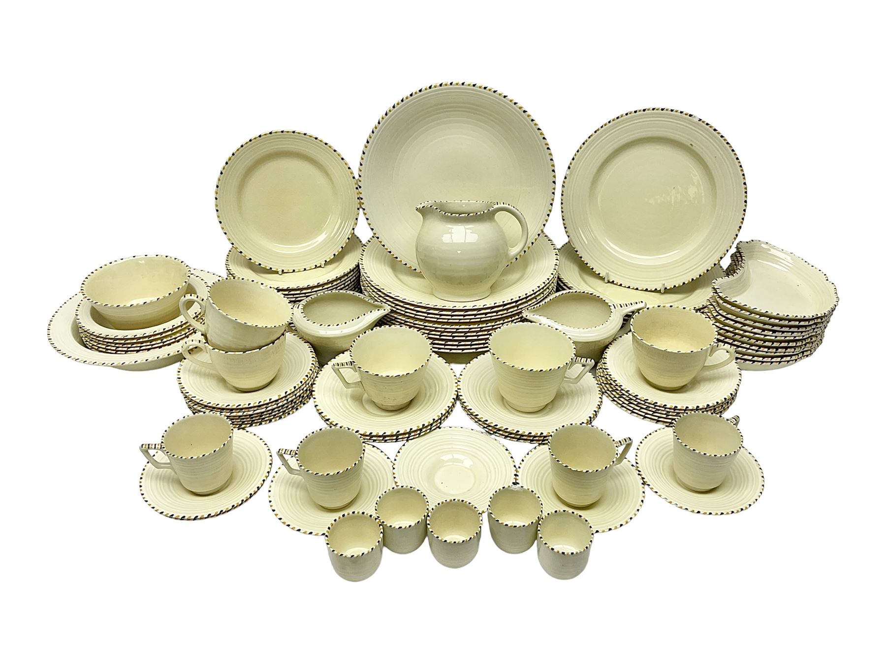 Art Deco Crown Ducal tea and dinner wares, reg no. 784158, comprising dinner plates, teacups, saucers, coffee cups, crescent shaped side plates, bowls, eggcups, etc, (93)