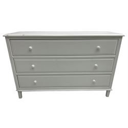 Contemporary wide white painted straight-front chest, fitted with three drawers