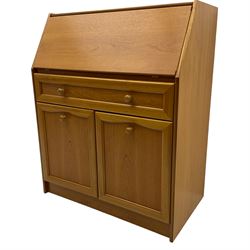 Mid 20th century teak bureau, sloped fall-front opening to reveal fitted interior with compartments, over panelled full width drawer and two cupboard doors, on recessed plinth base