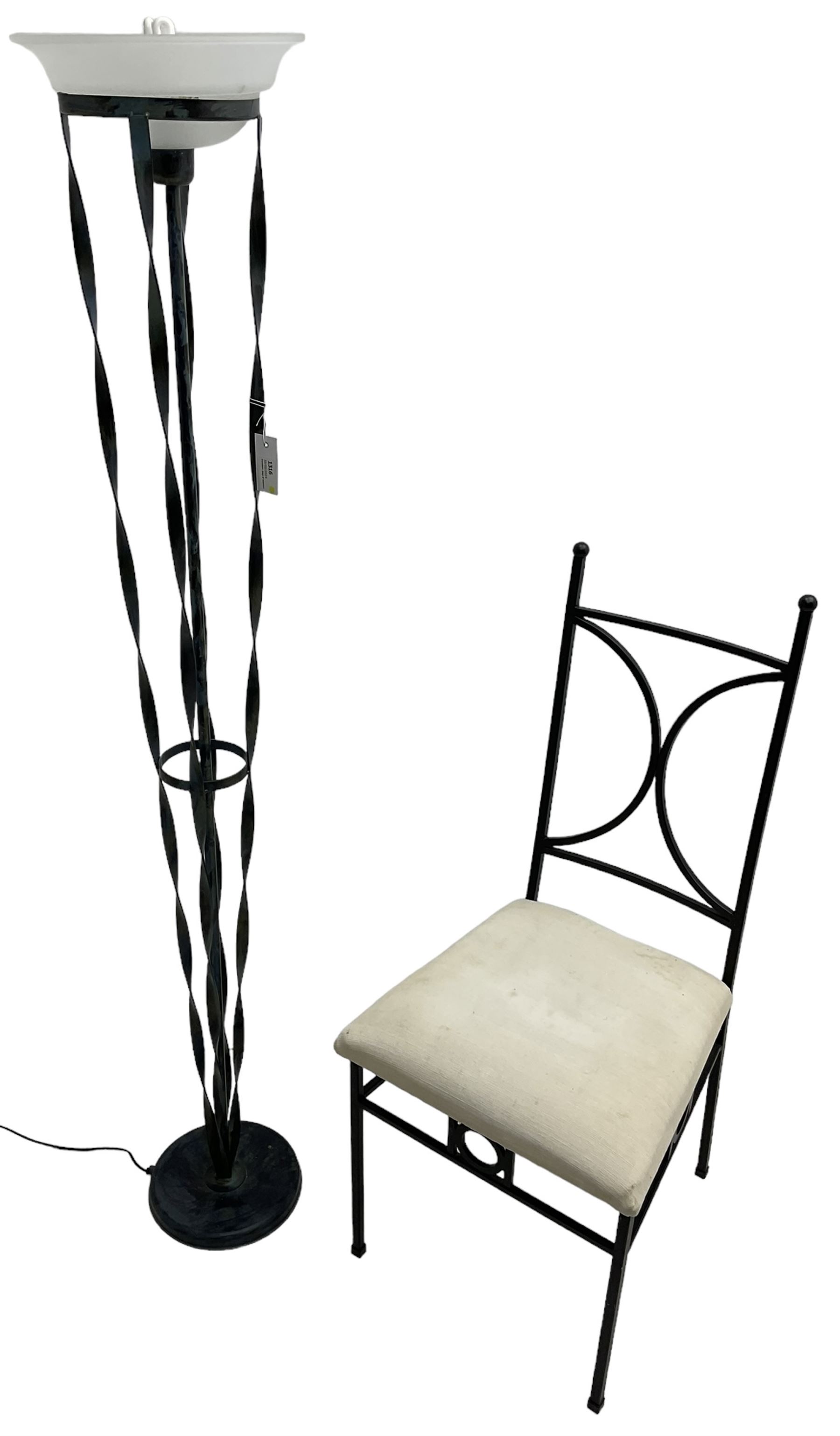 Wrought metal standard lamp (H170cm); wrought metal side chair with curved X-framed back over upholstered seat (W49cm)