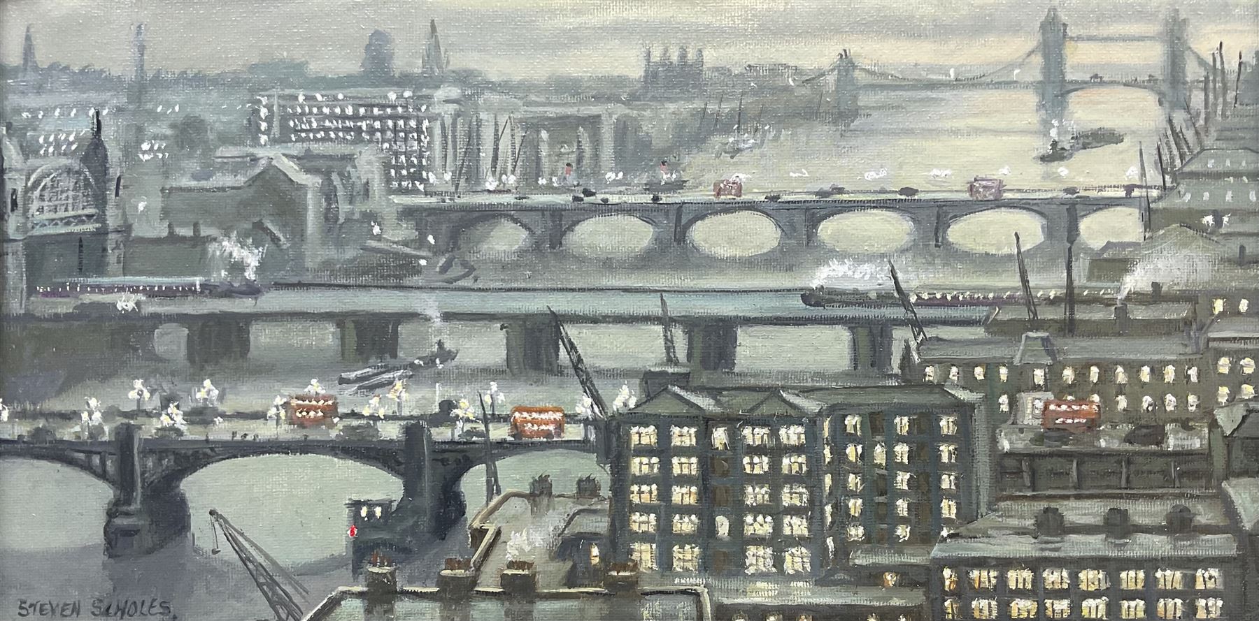 Steven Scholes (Northern British 1952-): 'Tower Bridge - London 1958', oil on canvas signed, titled verso 19cm x 37cm