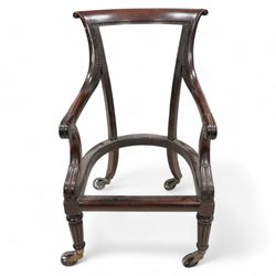 Possibly Gillows - Regency mahogany library chair frame, curved and rolled cresting rail o...