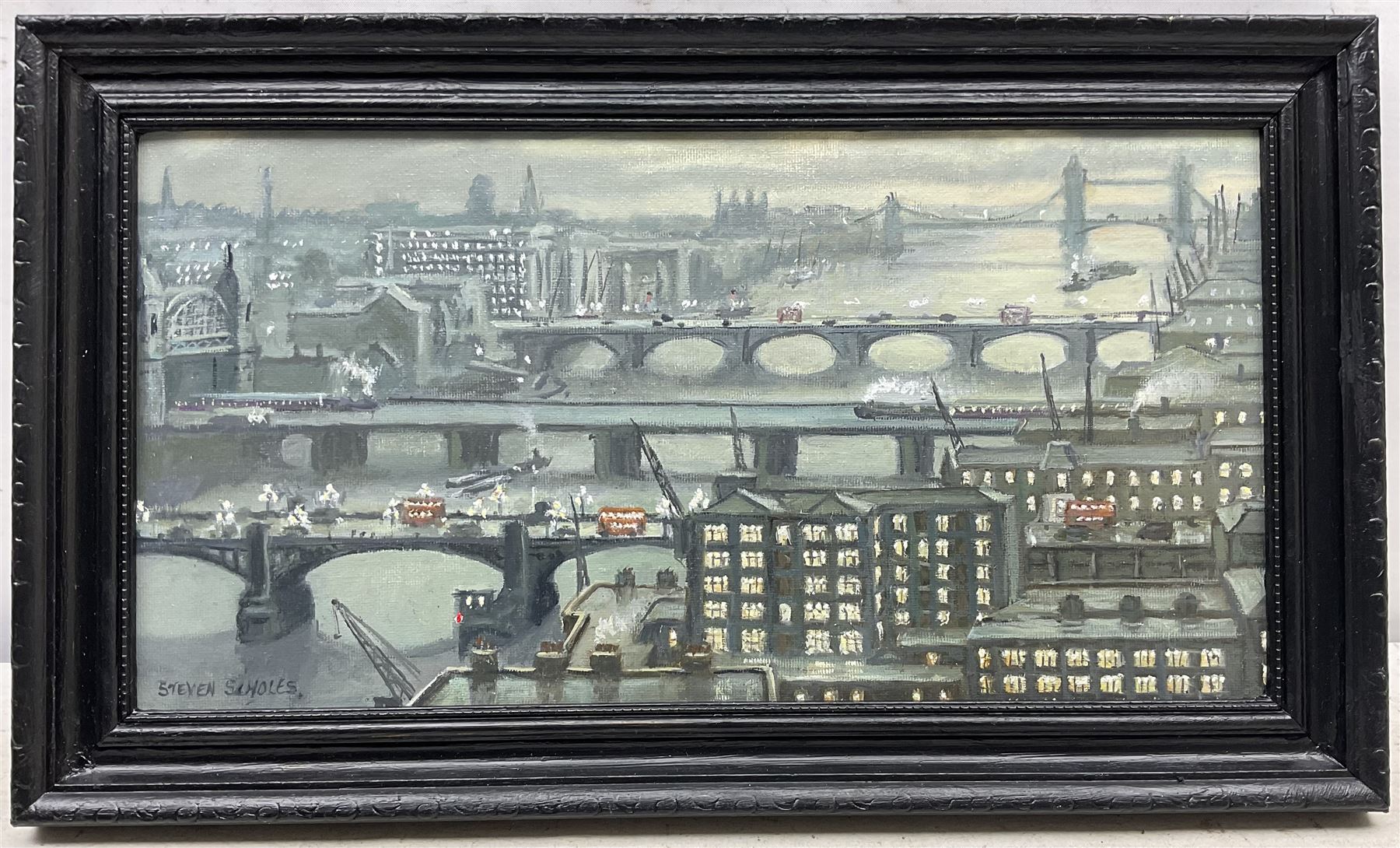 Steven Scholes (Northern British 1952-): 'Tower Bridge - London 1958', oil on canvas signed, titled verso 19cm x 37cm