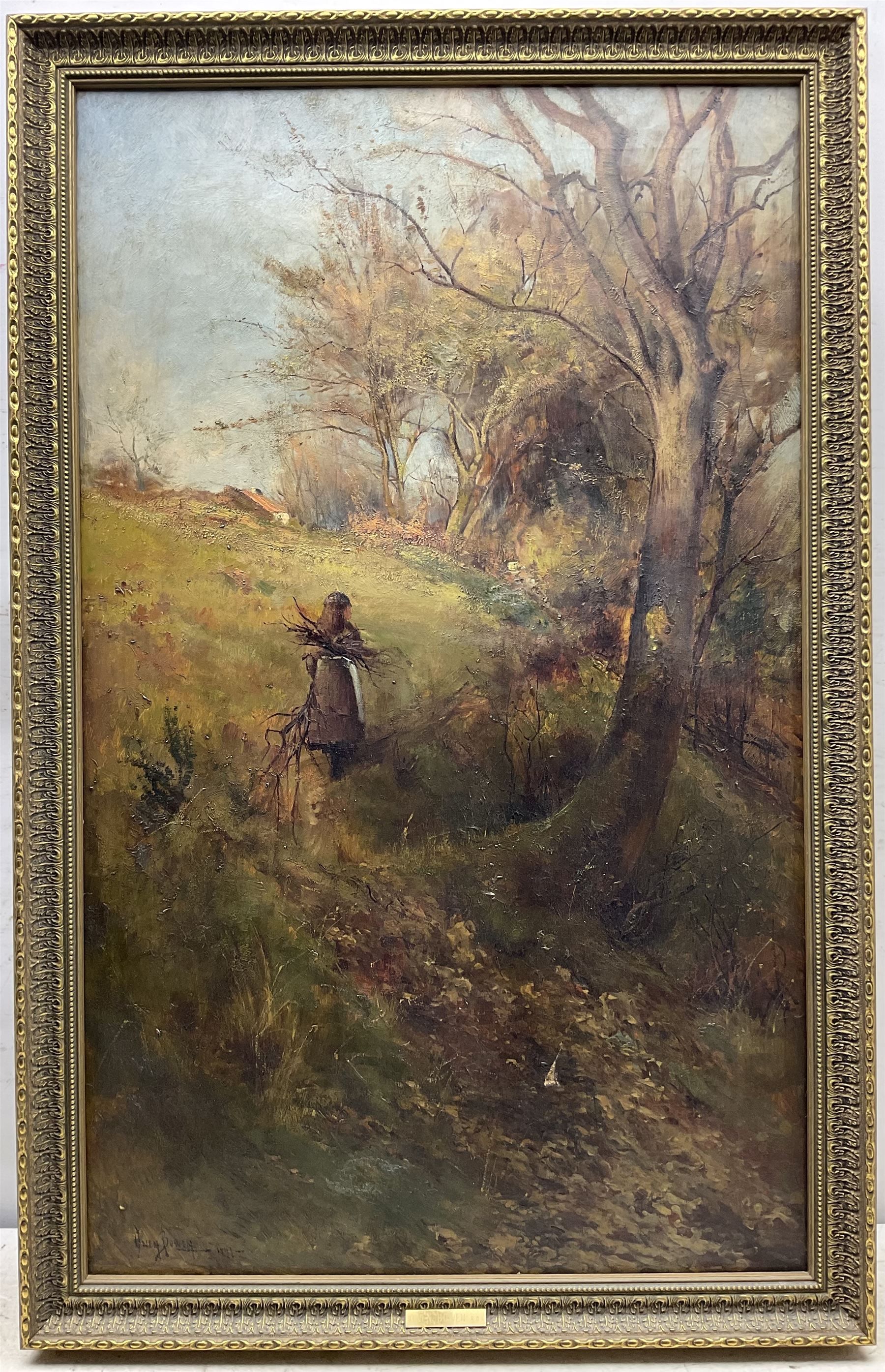 Owen Bowen (Staithes Group 1873-1967): Young Girl Gathering Twigs at the Woodland Edge, oil on canvas signed and dated 1892, 90cm x 55cm 
Provenance: private collection, purchased Morphets Harrogate 7th September 2000 Lot 592