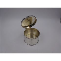 1920s silver box, of plain circular form with hinged lid, hallmarked Theodore Rossi, London 1929, H6.5cm, D9.7m