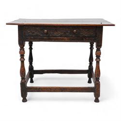 18th century oak side table, rectangular pegged two-plank top over singe drawer carved with S-scrolls, on turned supports united by plain stretchers 