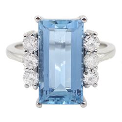 18ct white gold baguette cut aquamarine and six stone round brilliant cut diamond ring, aq...