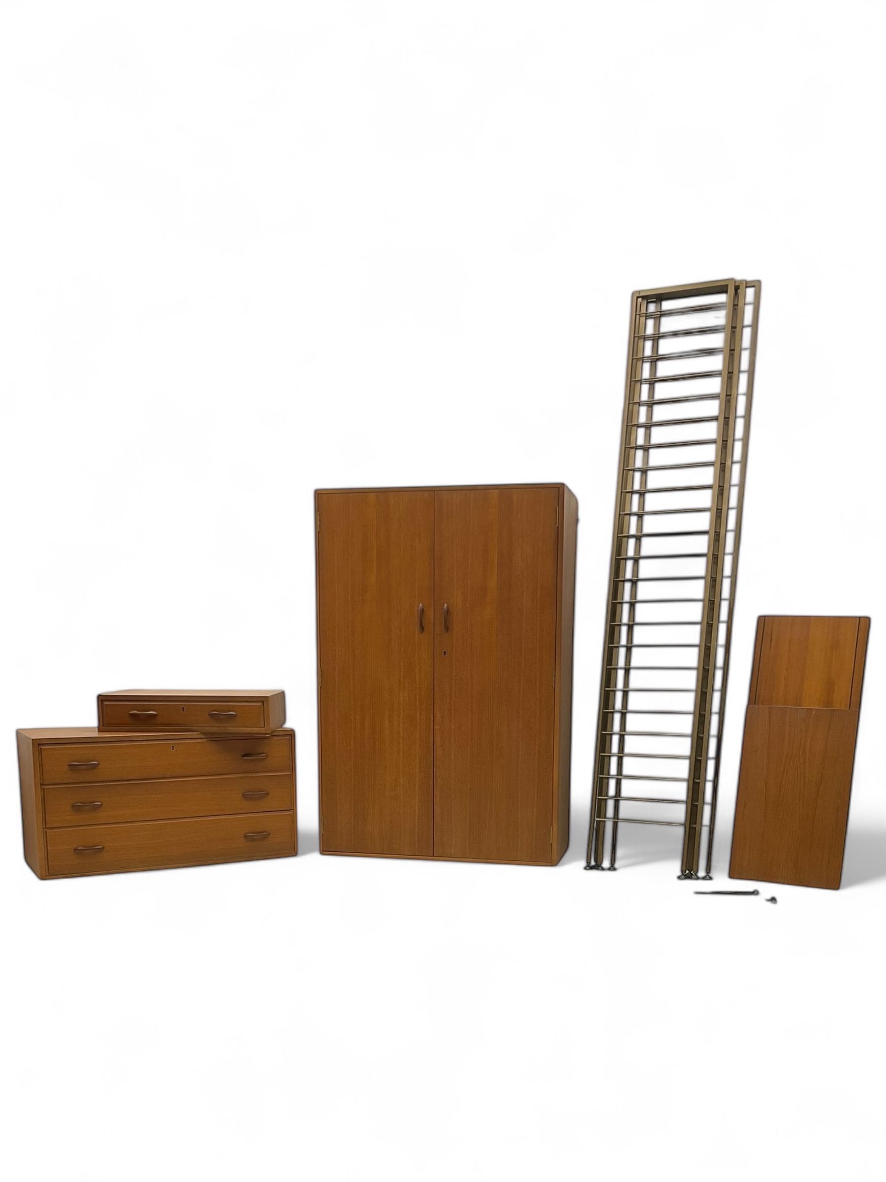 Ladderax - mid-20th century teak wall unit system, various shelves, wardrobe unit, single drawer unit, three drawer unit