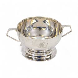 1930s silver porringer, of circular form with twin angular handles and engraved with monog...