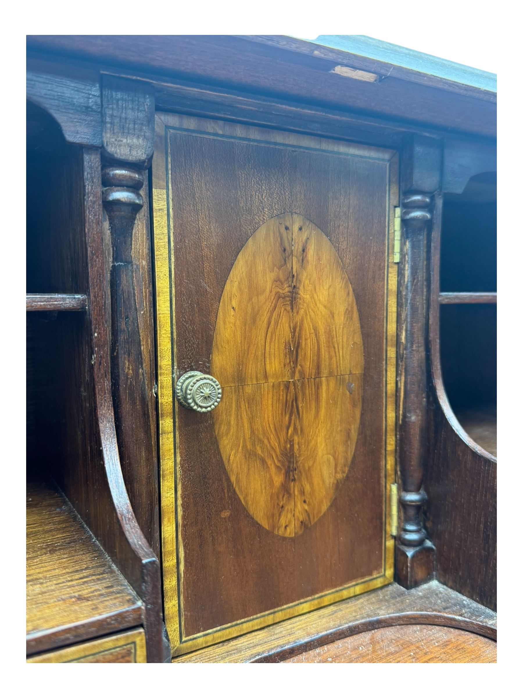 Georgian design mahogany bureau, moulded fall front with central floral inlays and satinwood band, fitted with four graduating drawers enclosed by ring turned pillars, on ogee bracket feet 