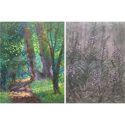John Bruce (British Contemporary): 'Woodland Path at Old Wives Lees', pastel signed, titled on label verso 37cm x 30cm; Della Chapman (British 1931 - 2022): 'Rosebay Willowherb II', artist's proof coloured etching with aquatint signed and titled in pencil 50cm x 38cm (2)