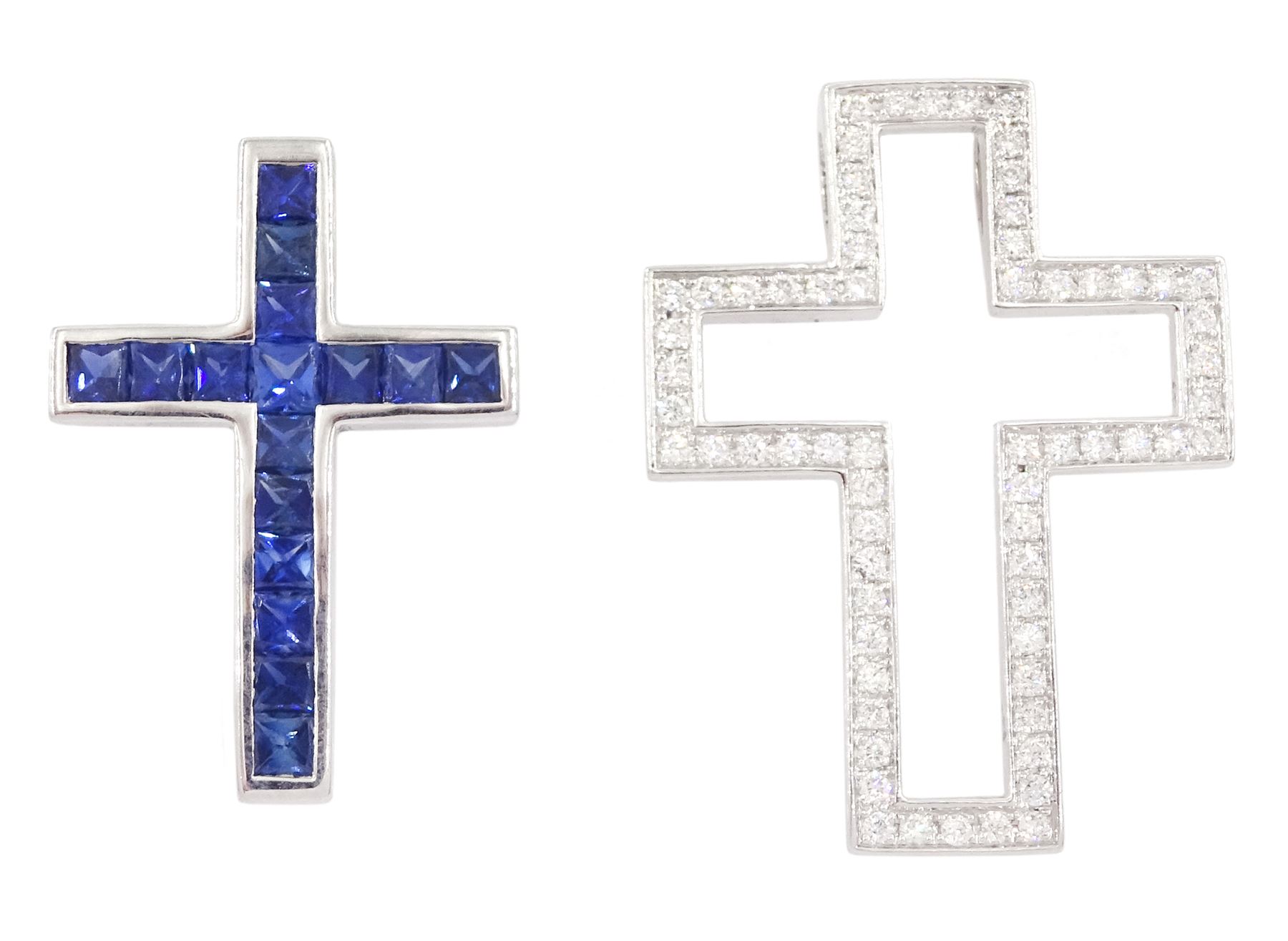 18ct white gold two piece princess cut sapphire and round brilliant cut diamond cross pendant, hallmarked, total sapphire weight approx 1.75 carat, total diamond weight approx 0.50 carat, on silver chain