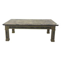 Rectangular coffee table, variegated marble top, on square supports with block feet 