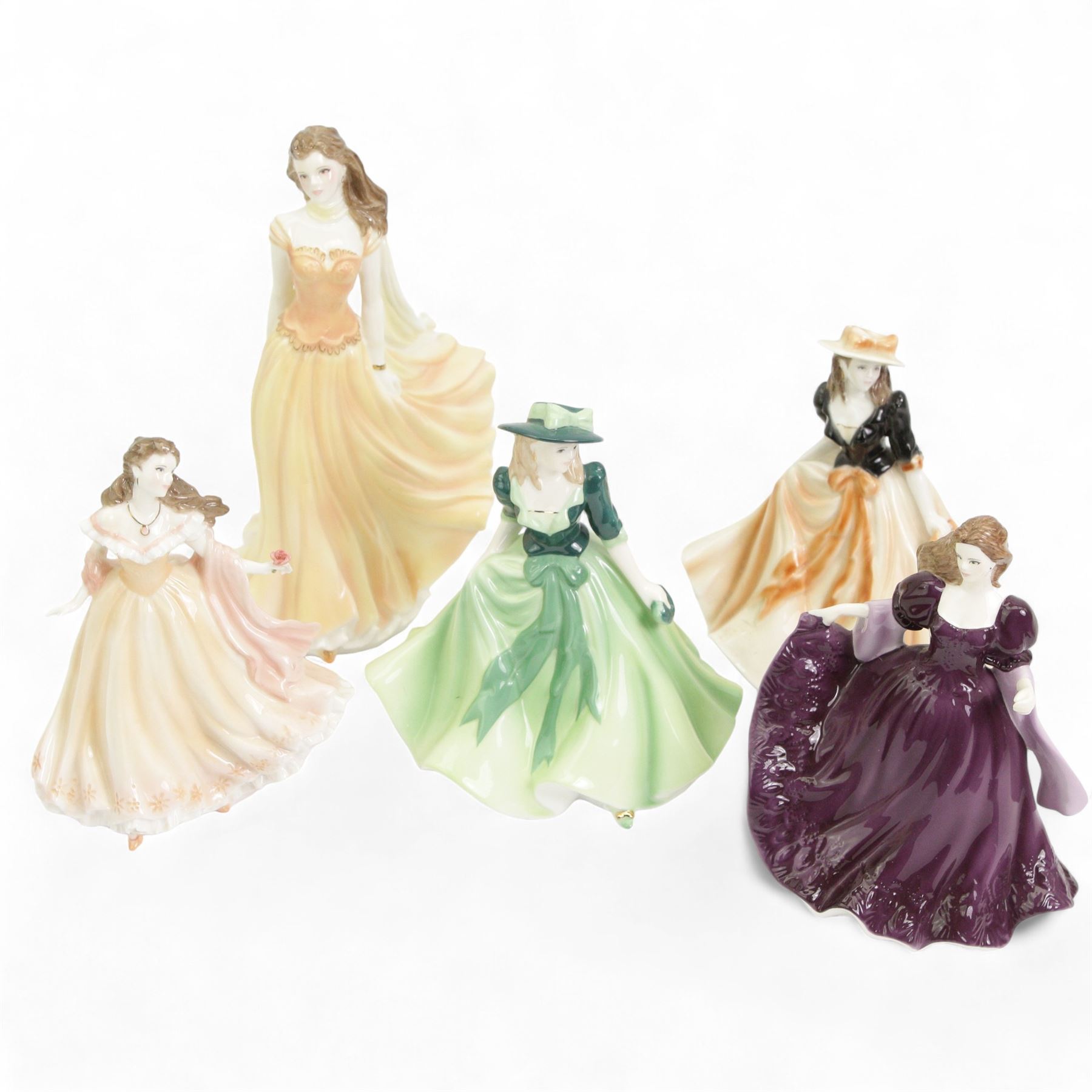 Five Royal Worcester ladies including, Day Dreams Wistful, Floral Ladies February and Les Petites Holly, Juliette and Caroline, H24cm and smaller (5)