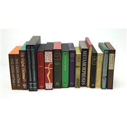 Folio Society - fifteen slipcases including Greek Myths, English Christmas, Metamorphoses, Akenfield, Enchanted April, Complete Nonsense, Montaillou, Thomas Becket etc