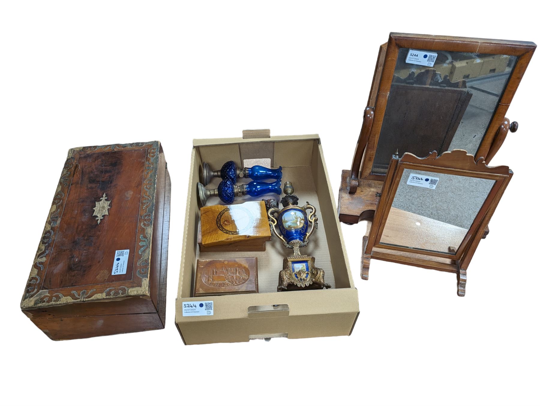 Two wooden dressing table mirrors, large wooden box, smaller wooden boxes and a carved pipe, together with pair of blue glass oil lamps and one other lamp