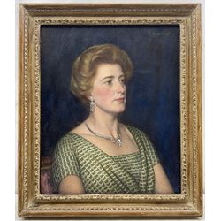 Harold Knight (Staithes Group 1874-1961): Portrait of Mrs Herma Levitt (neé Lang), oil on canvas signed, James Bourlet label verso 60cm x 50cm