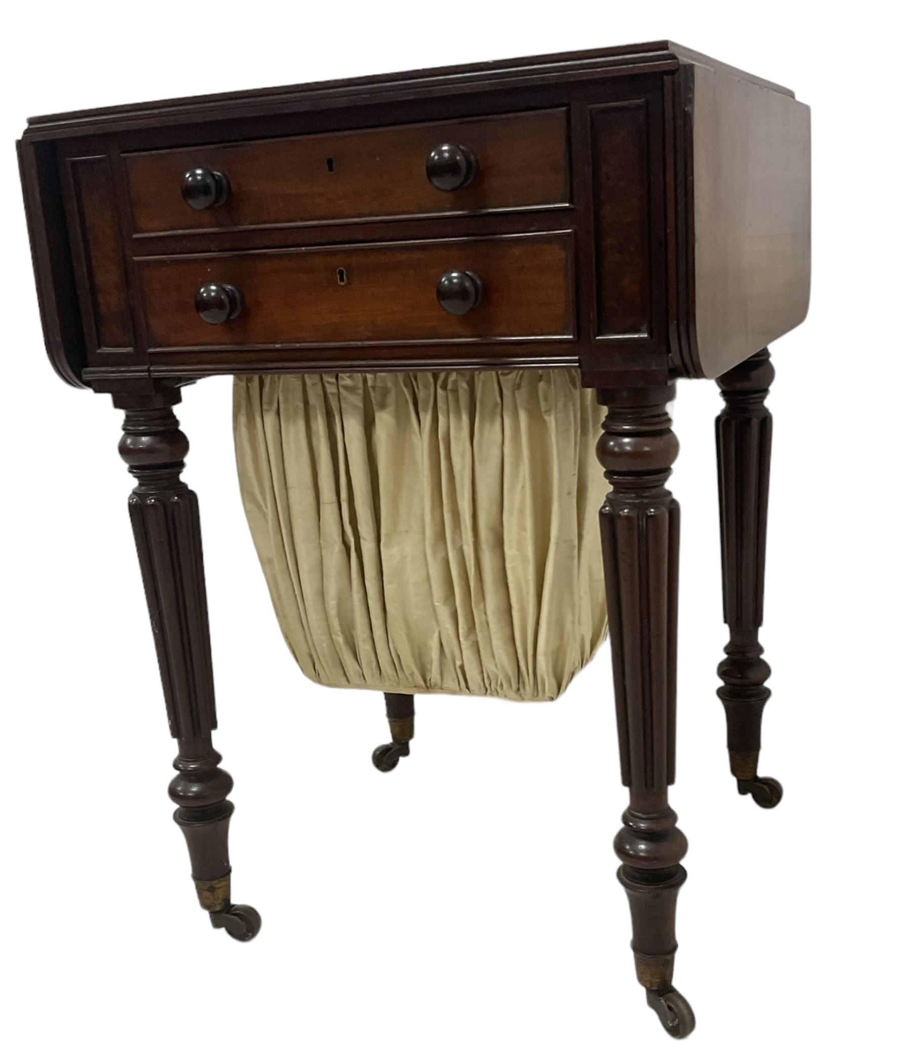 19th century mahogany drop-leaf work table, rectangular top with rounded corners, fitted with two cock-beaded drawers over pleated silk storage well, with matching opposing faux drawers, on turned and lobe moulded supports on castors