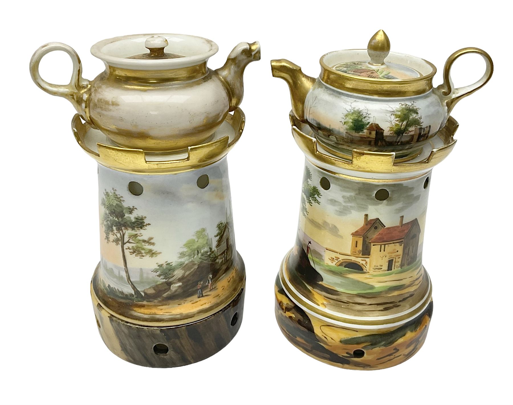  Two 19th century continental teapots and warmers, each teapot upon a cylindrical warming base, hand printed with landscapes, largest H22cm