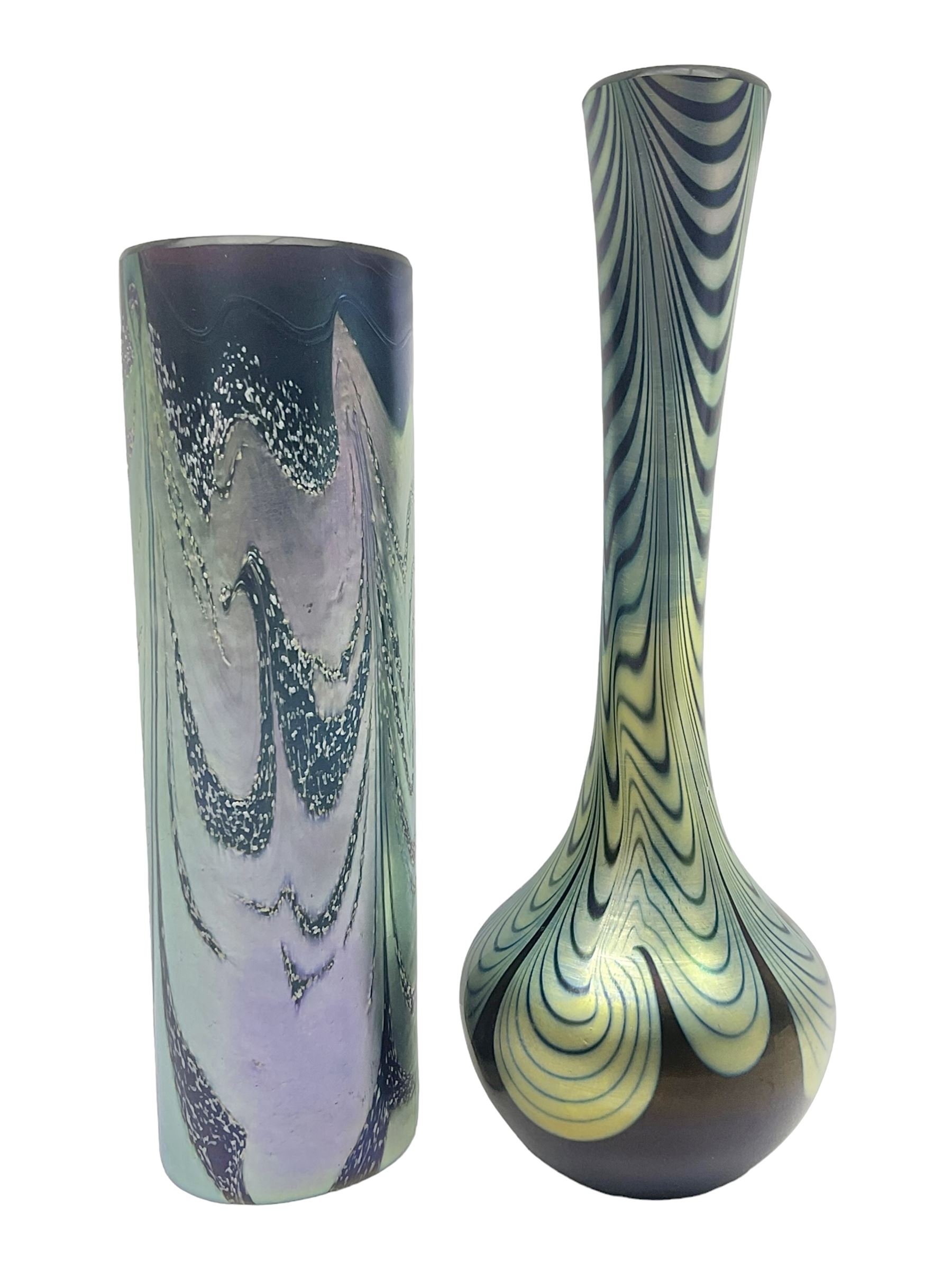 Okra oval vase in Merlins Web pattern, together with another Okra vase, oval vase with original box H16cm