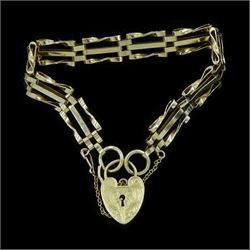 9ct gold three bar gate bracelet, with heart locket clasp, hallmarked