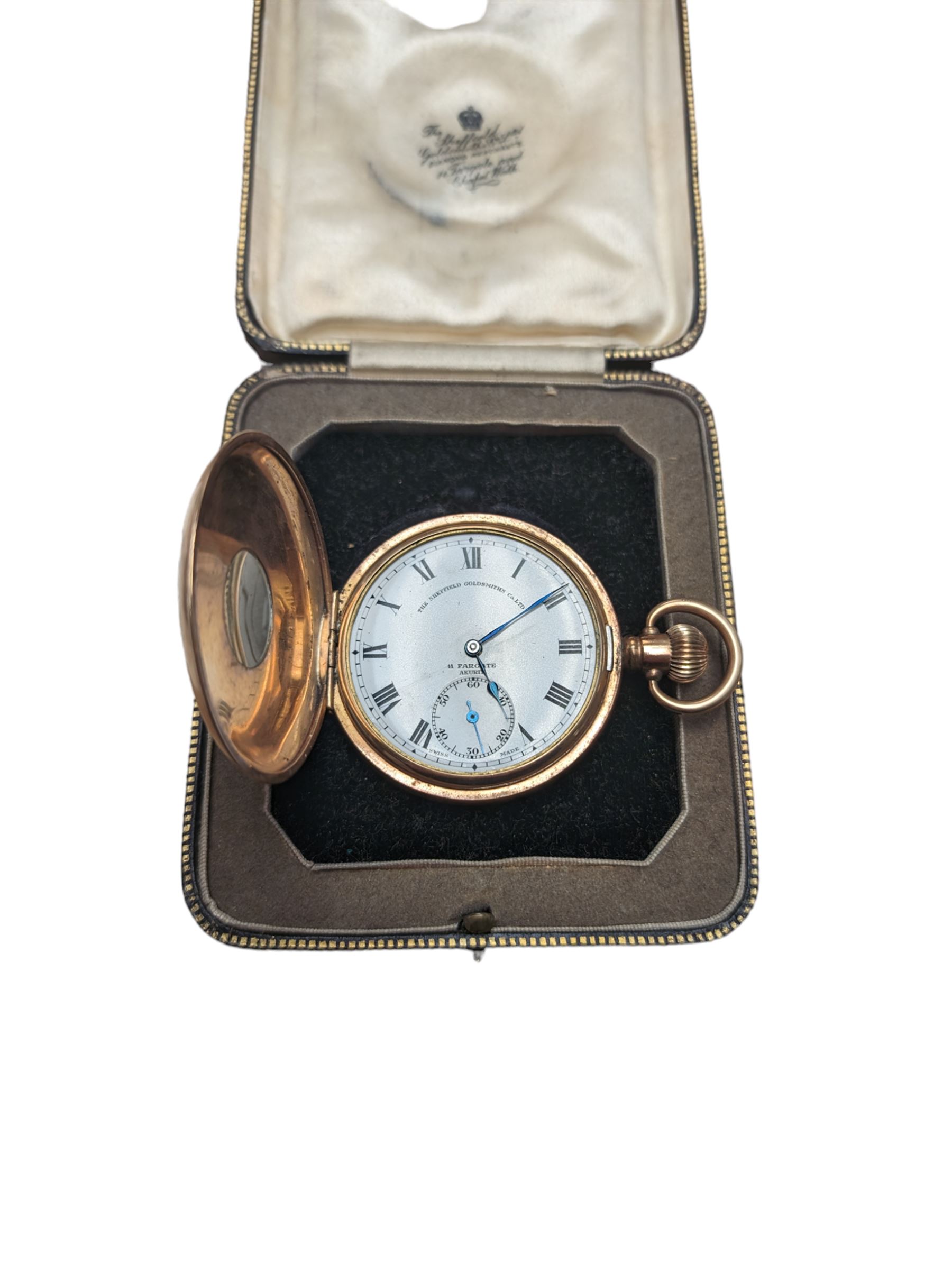 Gold plated half hunter pocket watch, the white enamel dial inscribed The Sheffield Goldsmiths Co. Ltd, with subsidiary seconds dial, the case marked Dennison Watch Case Co Ltd, boxed 