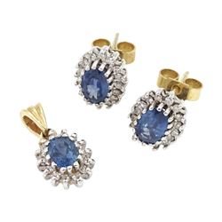 Pair of gold oval cut sapphire and diamond cluster stud earrings and a matching gold penda...