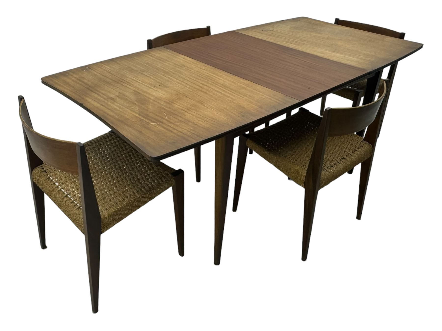 Mid 20th century Danish teak extending dining table, rectangular top with contrasting central draw leaf, on tapered supports; with four teak dining chairs with string seats