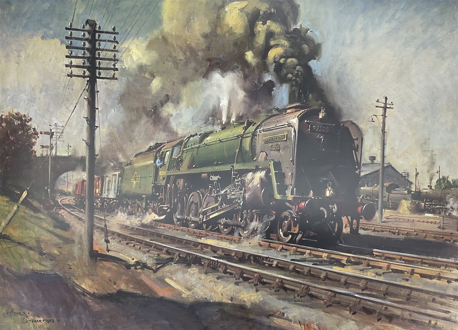 Terence Cuneo (British 1907-1996): 'The Deputy's Deputy', 'Bentley at Le Mans 1929', 'Bentley v Blue Train', and 'Evening Star', four limited edition prints, the first signed in pencil, max 71cm x 91cm (4) (unframed)