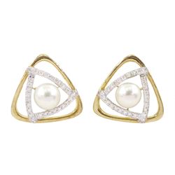 Pair of 9ct gold cultured pearl and round brilliant cut diamond triangular stud earrings, stamped, total diamond weight approx 0.20 carat