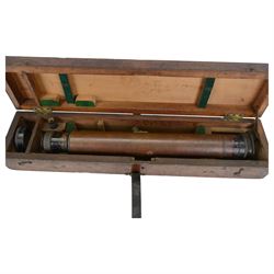 Early 20th century brass and black japanned gunsighting telescope inscribed 'G.S. Telescope X8 No.2127 W.G. Pye & Co Cambridge 1918 No.18' with X graticule to lens L53cm