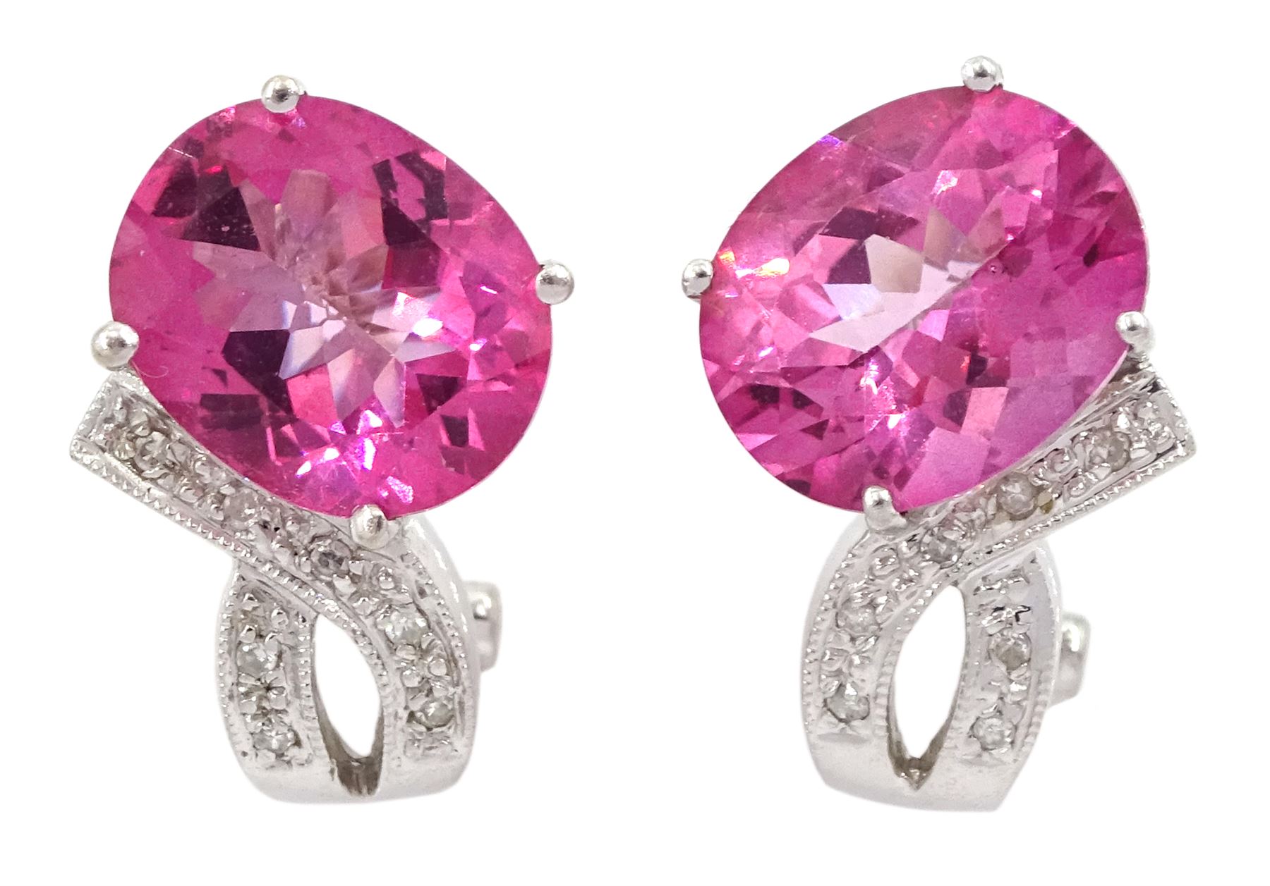 Pair of 14ct white gold oval pink sapphire and round brilliant cut diamond pendant stud earrings, stamped