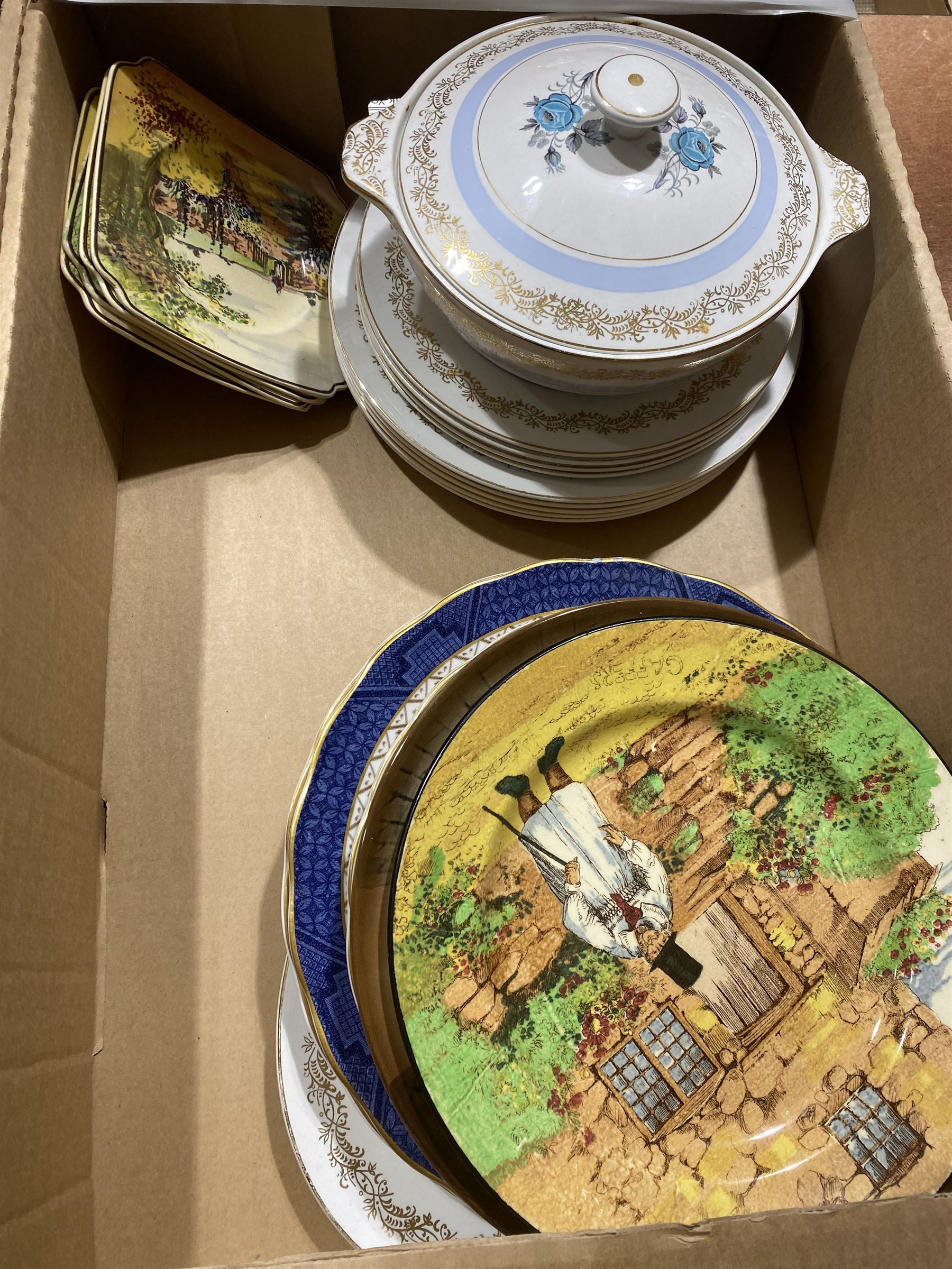 Royal Doulton ceramics, including Old Balloon Seller plate, Willow pattern dinner plates, etc, together with Alfred Meakin Glo White tureens, dinner plates and meat platter and Woods Ivory Ware fish pattern dinner wares