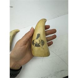 Two 19th century scrimshaw whale tooth, the first depicting a erotic scene, the second depicting Tom Paine, largest L11cm 