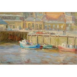 Michelle Saunders (British 1963-): Whitby Upper Harbour looking towards the Railway Station, oil on board signed 24cm x 34cm