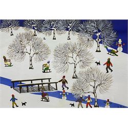 Gordon Barker (British 1960-): Sledging by the River, acrylic on paper signed 24cm x 34cm